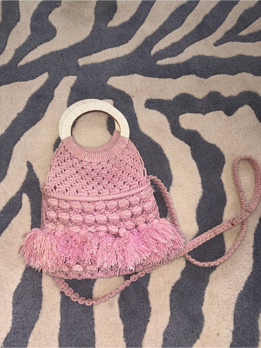 Cleobella Pink Woven Fringe Crossbody with Wooden Ring Handles